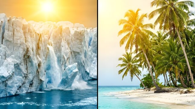 Split screen of melting glacier ice and tropical palm trees under a hot sun