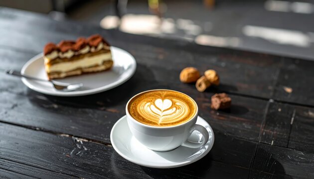 Cappuccino cup with latte art and cake on wooden table