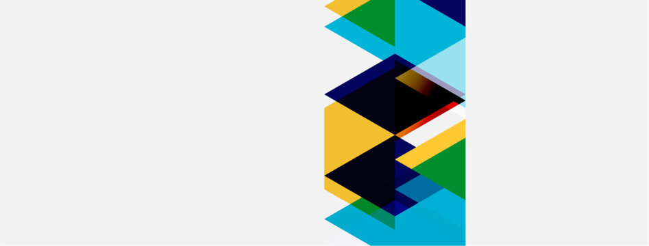 Abstract geometric composition. Overlapping squares, rectangles, triangles create dynamic visual effect. Colors include blue, yellow, green, black.