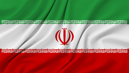 Iranian flag green white red with emblem waving national symbol country emblem islamic republic middle east. © SAJADA