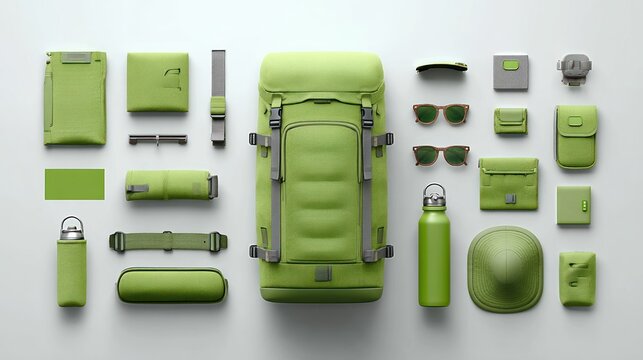 Various modern travel and outdoor accessories displayed in a flat lay composition on a light surface
