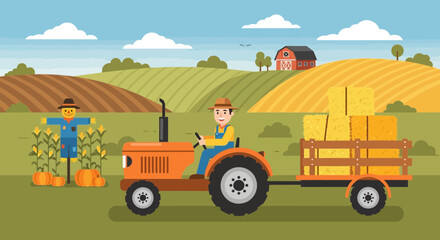 Farmer driving tractor with hay bales on farm, scarecrow and barn in background, rural landscape © Adri