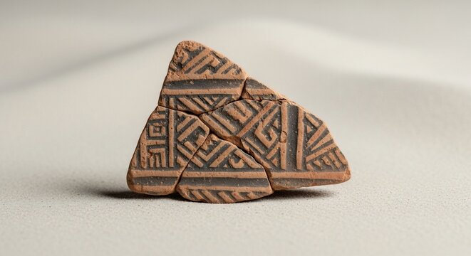 Ancient pottery fragment with geometric design on neutral background