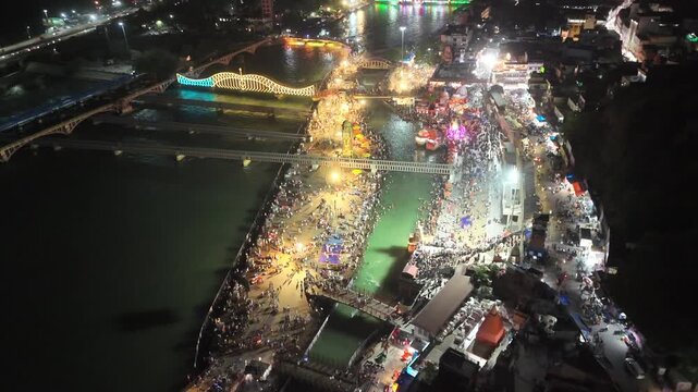 Aerial Night View of Har Ki Pauri Ghat in Haridwar Uttarakhand India