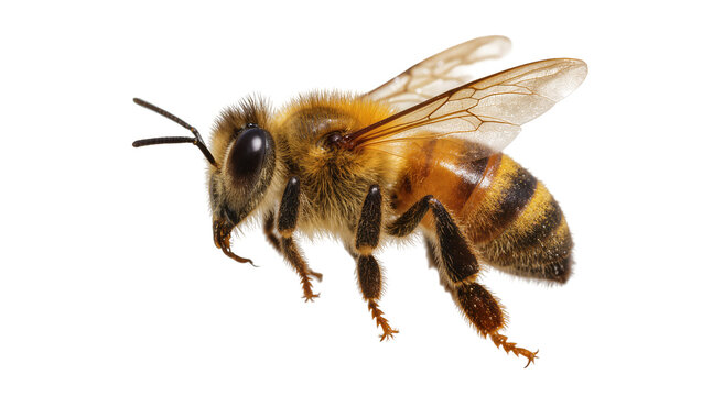 Detailed honey bee with fuzzy body and striped abdomen, isolated on transparent background