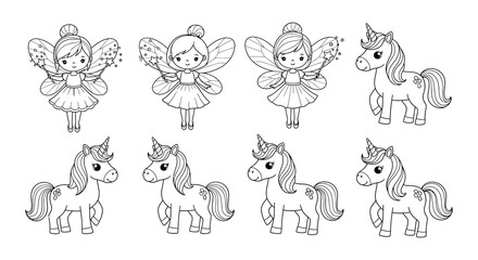Obraz premium Line drawing of fairies and unicorns on a white background