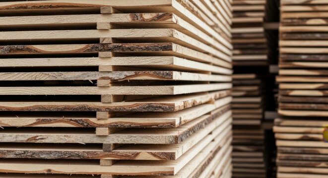 Neatly Stacked Rough Cut Wooden Planks in a Lumber Yard Ready for Construction