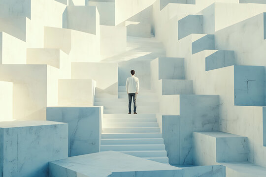 Businessman Standing Inside Abstract Geometric Labyrinth Of Cubes And Stairs Symbolizing Complex Decision Making.