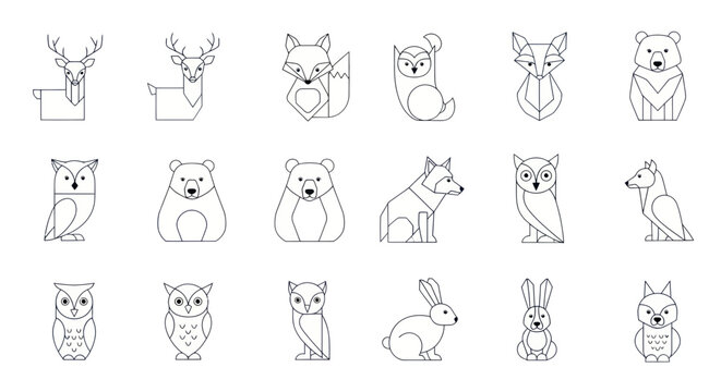 Cute Geometric Forest Animals Line Art Collection: Deer, Fox, Owl, Bear, Rabbit