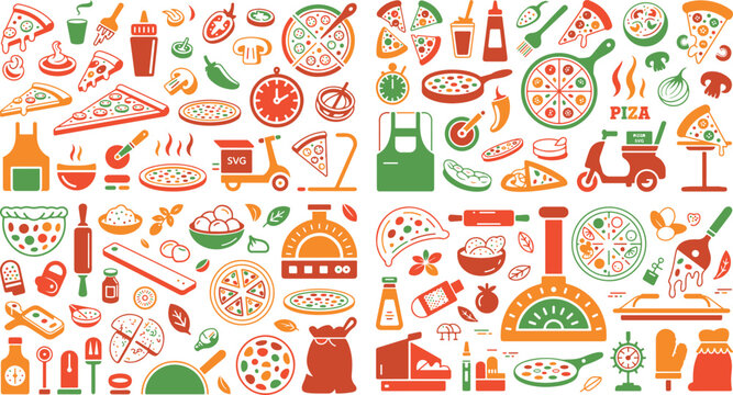 Colorful pizza restaurant food and drink icons and symbols seamless pattern