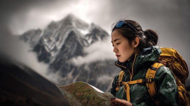 Side view of a young woman backpacker studying a paper map on a mountain trail, wearing warm jacket and backpack, with dramatic snowcapped peaks in background