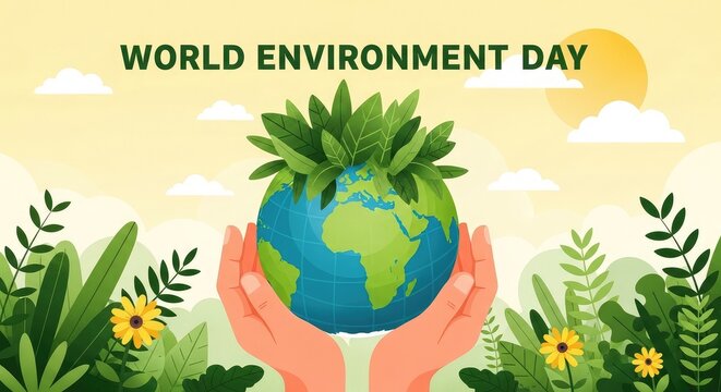 World Environment Day banner template featuring caring human hands surrounding a leafy green planet earth globe