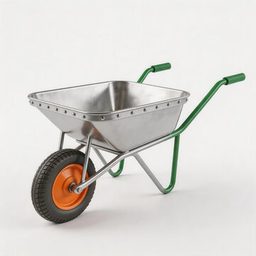 This is a single wheel metal wheelbarrow with green coated handles, orange wheel hub and rubber tire, designed for carrying loads in garden or construction sites.