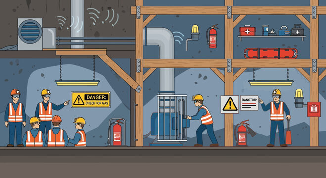 Mining safety: Workers in hard hats and vests in underground mine with equipment and danger signs