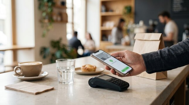 Hand holding smartphone with mobile payment terminal on table in cafe.