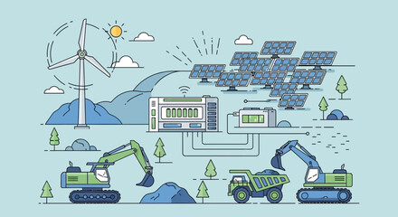 Renewable Energy Construction: Wind, Solar, Excavators, Dump Truck, Battery Storage © Andi