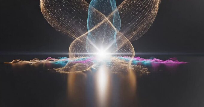 Abstract visualization of dynamic waves with vibrant colors and light beams creating a digital landscape