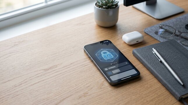 Smartphone with digital security interface on desk with accessories.