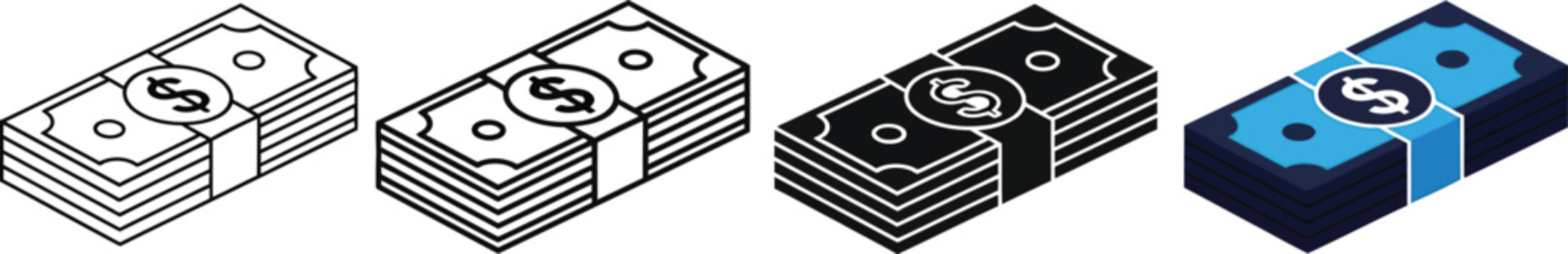 A set of four isometric dollar bill stack icons in different artistic styles