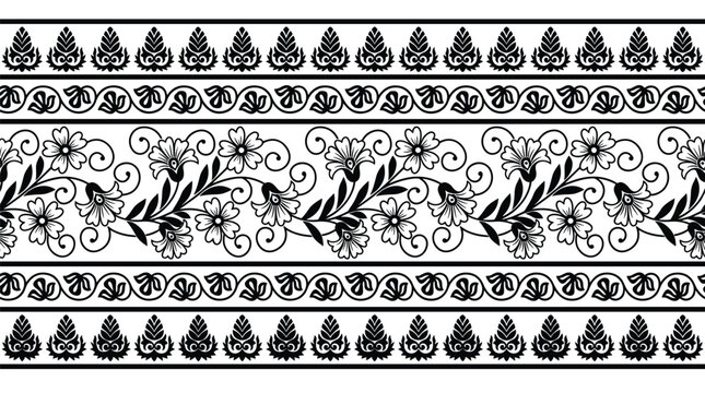 Intricate black borders with floral scrolls leaves and ornate patterns on transparent background.