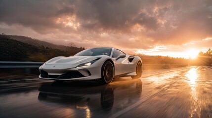 Obraz premium Modern white supercar speeding on a rain-soaked road at golden sunset, with reflections on wet asphalt and dark storm clouds, showcasing power, speed and luxury