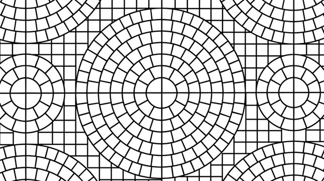 Circular stone pavement pattern with radial brick layout and square grid background for outdoor urban landscape.