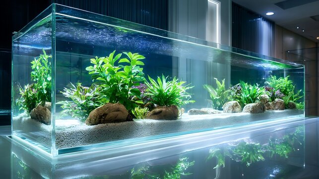 Large modern rectangular aquarium with lush aquatic plants and rocks.