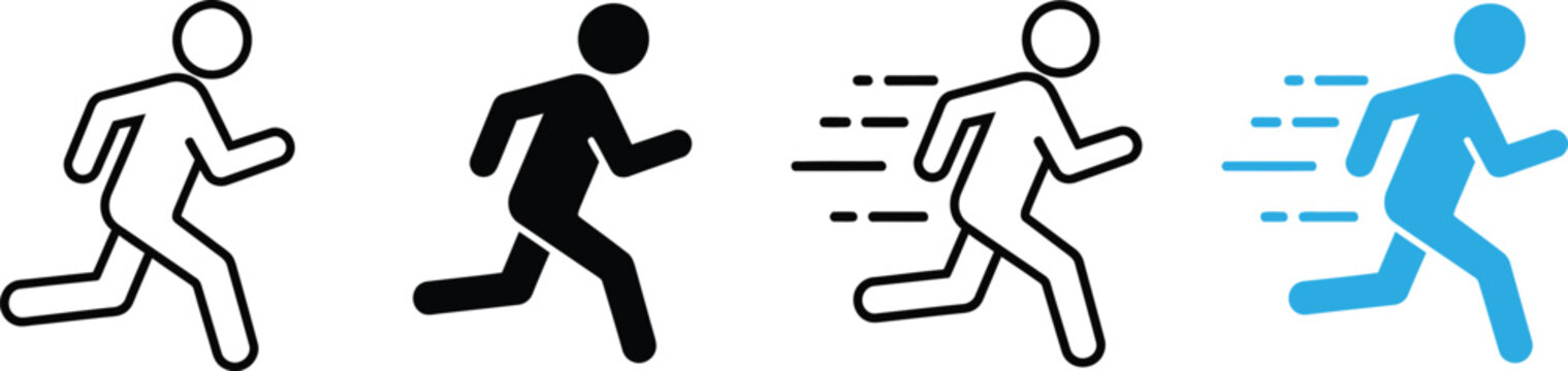 Set of four simple stick figure human icons depicting running and fast movement