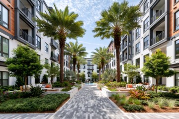 Obraz premium Modern apartment building courtyard with tropical landscaping