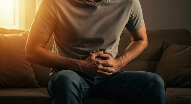 Stomach Ache Grips Man: A man sits on a couch, clutching his stomach in discomfort, bathed in the warm light of a nearby window, evoking a sense of physical pain and unease.