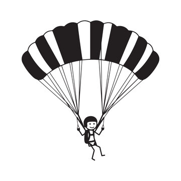 Parachuting stick figure silhouette vector illustration isolated on transparent background.
