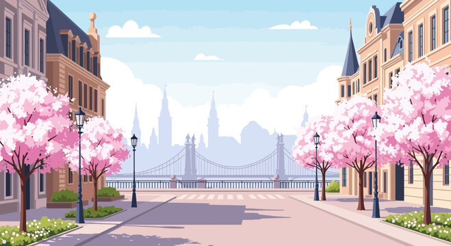 Springtime Paris street with blooming cherry blossoms, historic buildings, and Eiffel Tower silhouette