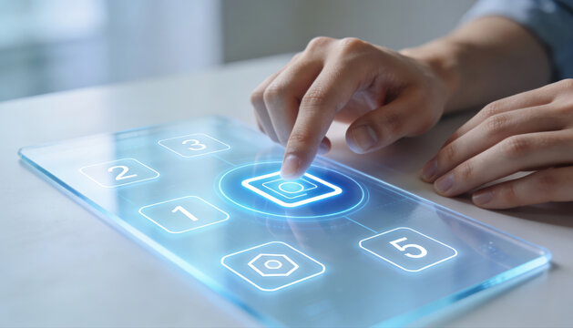 Futuristic Interface Interaction: A hand touches a glowing holographic interface displaying digital icons and numbers, representing advanced technology and user experience.