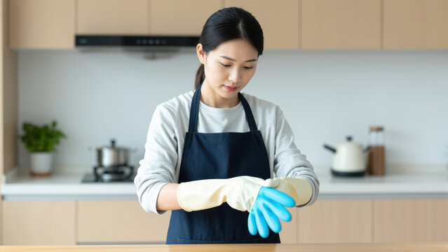 Kitchen Preparation: A focused woman puts on blue cleaning gloves over yellow ones in a clean, modern kitchen, ready to tackle household chores.