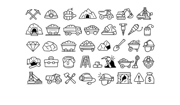 Mining industry equipment mineral resources and quarrying line art icons set with hard hat dump truck oil rig