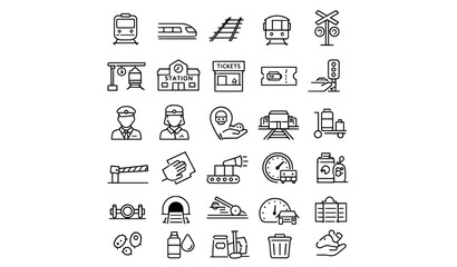 Railway transportation and services icons with traffic light heavy machinery car wash trash can line art © MD JAHID