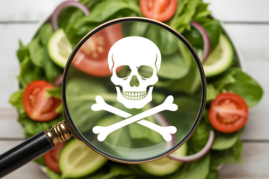 Skull Icon on Magnifying Glass over Toxic Salad