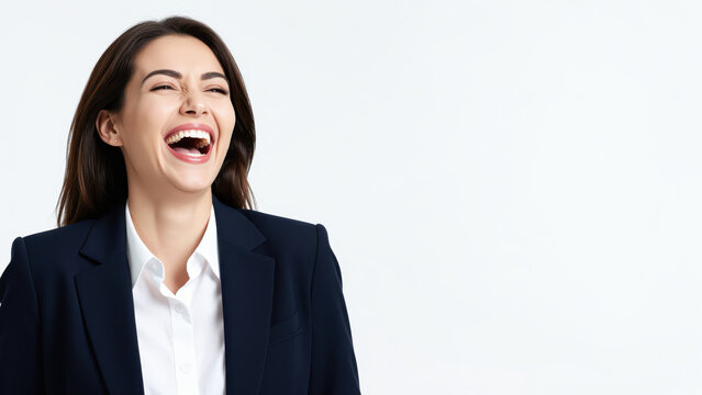 Joyful Professional Laughter: A confident businesswoman in a sharp suit bursts into hearty laughter, her eyes closed in amusement, embodying sheer delight and a positive spirit.