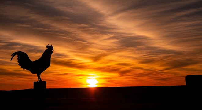 Silhouette of a rooster on a roof at sunset