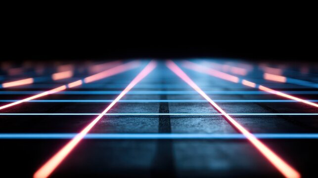 Neon grid lines extend into the dark background creating an abstract digital landscape