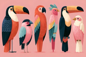 Fototapeta premium Tropical birds illustration on pink background