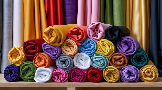 Colorful rolled fabrics creating a vibrant textile background