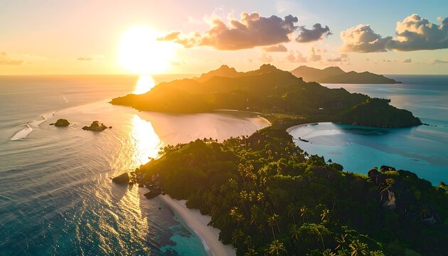 Aerial view of tropical island landscape.
