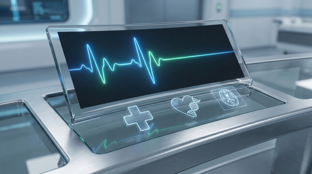Futuristic medical heartbeat monitor screen displaying glowing pulse vitality signs wave graphics with digital healthcare data UI icons on a clean clinical hospital laboratory desk.