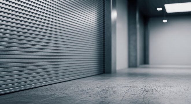 Closed metal shutter door in industrial garage with concrete floor and lighting