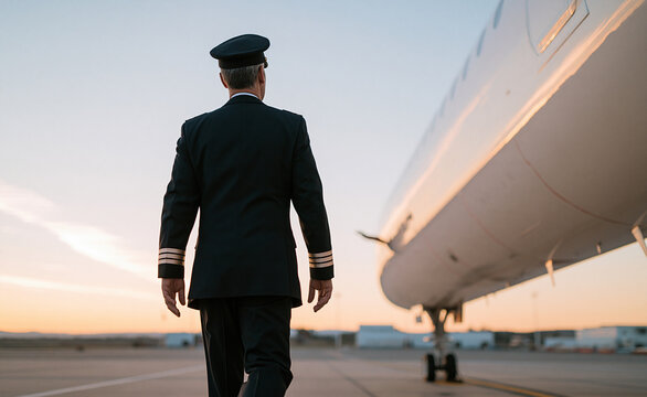 Full body back view of an airline pilot walking towards the sunset runway