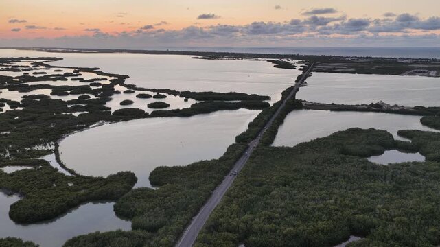 Aerial view of Yucalpeten lagoon with lush mangroves and a road at sunset Progreso, Yucatan, Mexico.