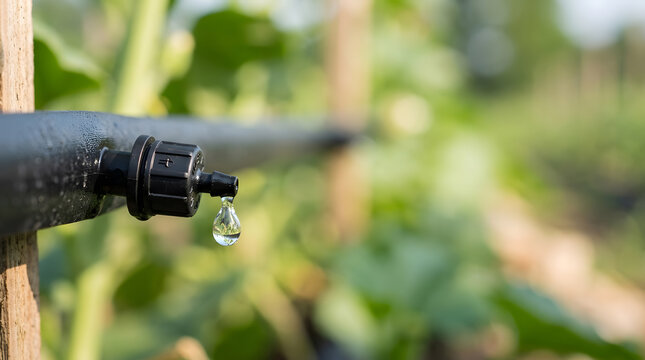 Drip irrigation emitter with a clear water drop falling in a lush vegetable garden, showcasing efficient water management for sustainable farming.