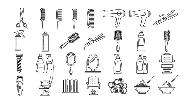 Flat vector icons of barber and beauty salon tools on white background