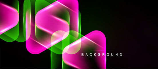 Abstract neon shapes overlap, creating vibrant glow. Dark background emphasizes bright pink, green hues. Modern design element. © antishock